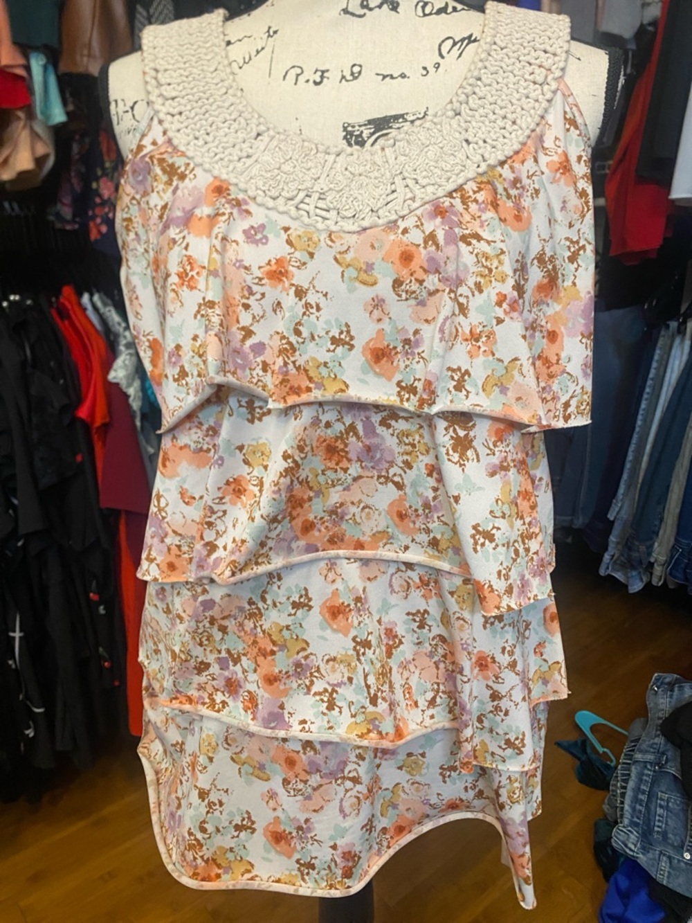 Maurices Cream Crochet Neck Ruffled Floral Tank Top